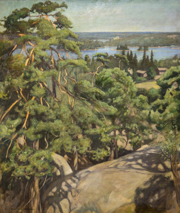 Pekka Halosen maisemamaalaus vuodelta 1908. Puita ja kalliota. 